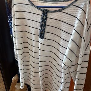 Striped Knit Henley Top - White & Navy